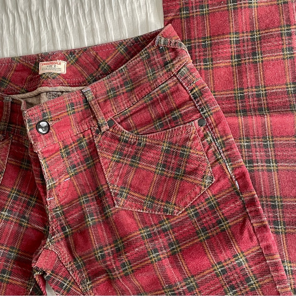 Free People Plaid Burgundy Black Corduroy Low Waist Pants - Picture 4 of 16